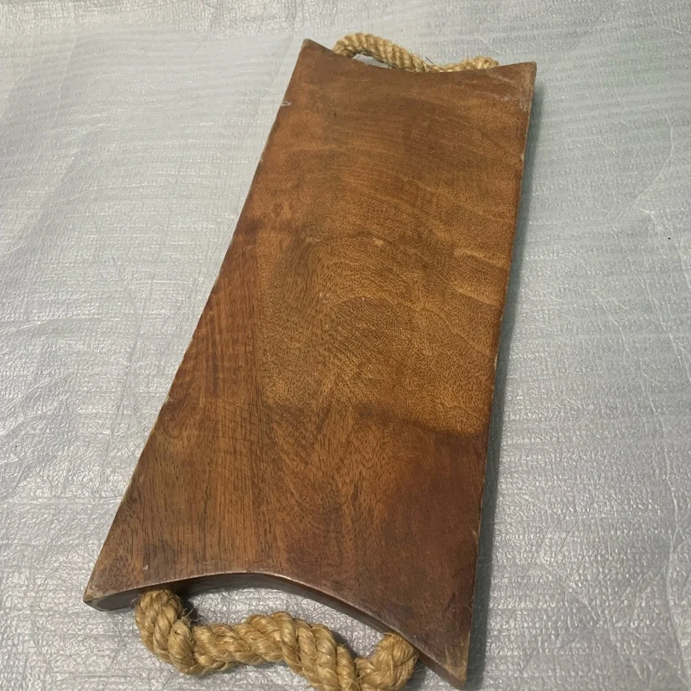 Vintage Wooden Snack Serving Tray w Rope Handles Dip Bowl Compartment Rustic MCM